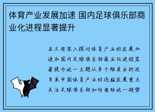 体育产业发展加速 国内足球俱乐部商业化进程显著提升