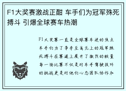 F1大奖赛激战正酣 车手们为冠军殊死搏斗 引爆全球赛车热潮