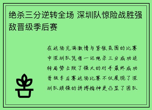 绝杀三分逆转全场 深圳队惊险战胜强敌晋级季后赛