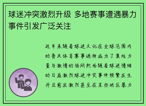 球迷冲突激烈升级 多地赛事遭遇暴力事件引发广泛关注