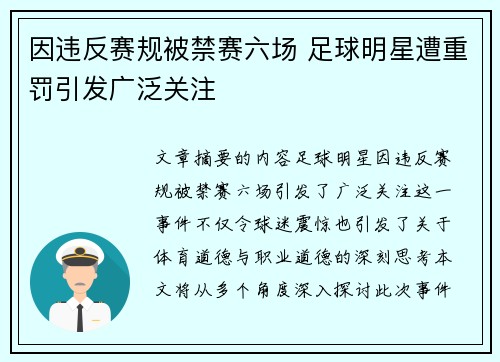 因违反赛规被禁赛六场 足球明星遭重罚引发广泛关注
